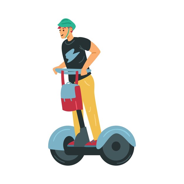 Jonge man rijden moderne stad persoonlijke eco vervoer, platte vectorillustratie geïsoleerd op een witte achtergrond. Zelfbalancerende elektrische scooter voor woon-werkverkeer en stedentrip.