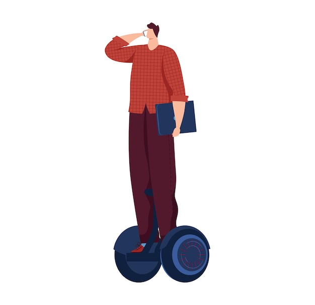 Jonge man rijdt op een segway en kijkt vooruit met stijl casual outfit met een laptop onder de arm