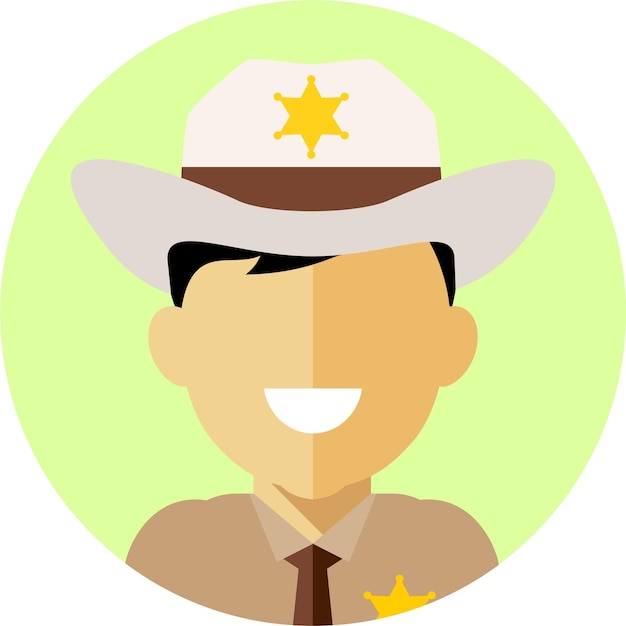 Jonge man sheriff in uniform en hoed met ster rond pictogram Avatar portret gezicht in vlakke stijl