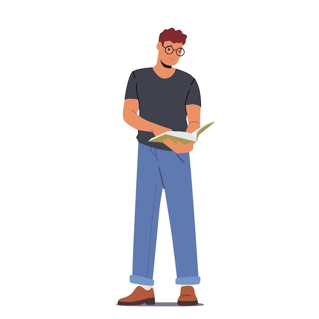 Vector jonge man student in glazen staan met boek in handen geïsoleerd op witte achtergrond mannelijke karakter bookworm reading