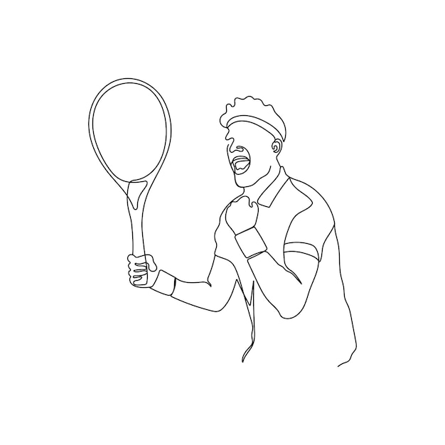 Vector jonge man tennissen. een lijn vector kunst. tennisser met racket tijdens de wedstrijd.