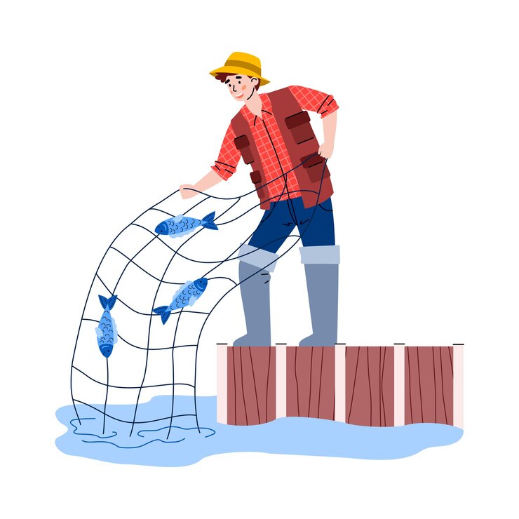 Jonge man vissen met net platte cartoon vectorillustratie geïsoleerd op wit