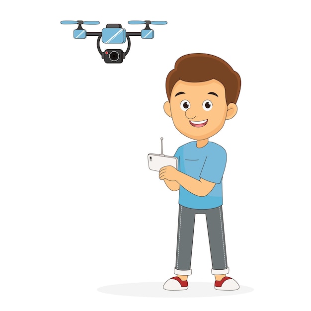 Jonge man vliegende drone vectorillustratie