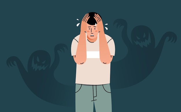 Jonge man voelt angst, angst en verwarring. Concept van nachtmerrie, angst, paniekaanvallen, psychische problemen.