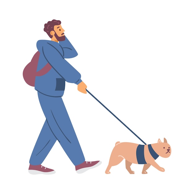 Vector jonge man zijn hond wandelen en praten telefoon platte vectorillustratie geïsoleerd