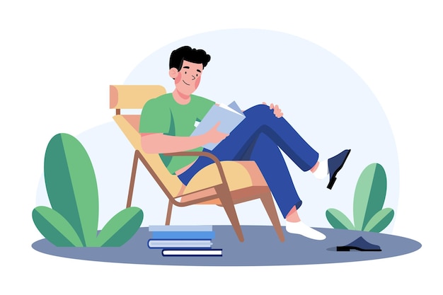 Vector jonge man zit in een fauteuil en leest een boek