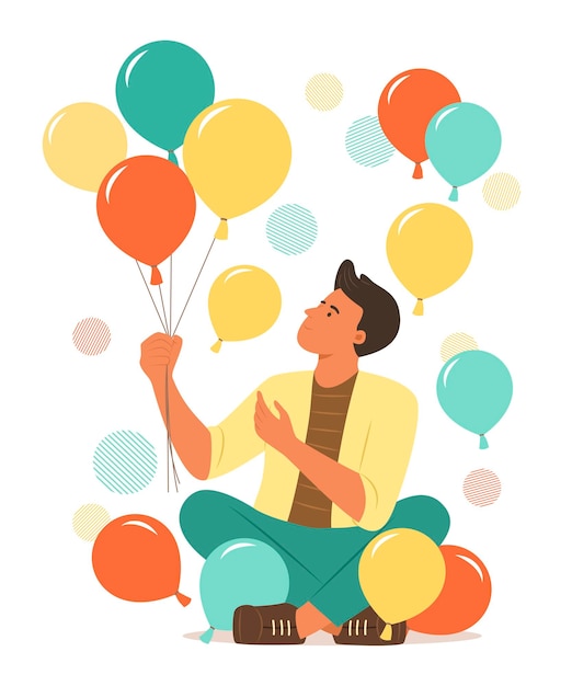 Jonge man zitten en houden van kleurrijke ballonnen voor feestelijke concept illustratie