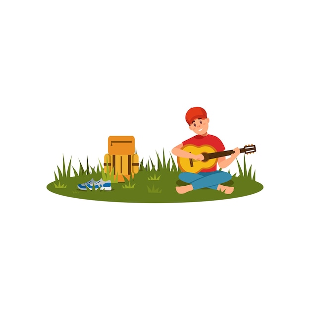 Jonge man zittend op gras met gekruiste benen en gitaar spelen Rust in de natuur Platte vector design