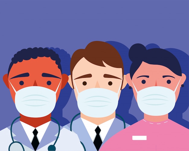 Jonge mannelijke artsenpersoneel dat medische maskerkarakters draagt