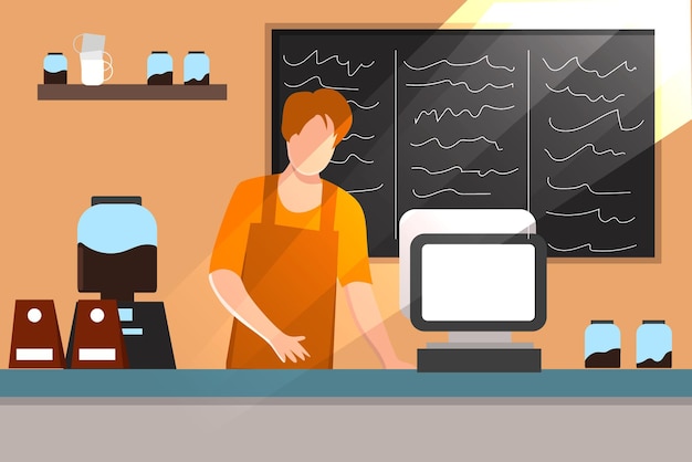 jonge mannelijke barista maakt koffie dranken in een café en het tellen van geld vector illustratie