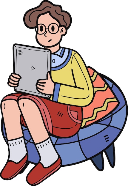 Jonge mannelijke zakenman zittend aan het werk met een tablet illustratie in doodle stijl