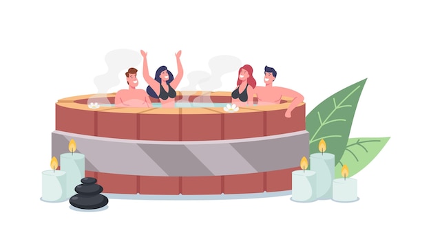 Jonge mannen en vrouwen personages zitten in houten onsen bad met warm water nemen sauna en spa-procedure. ontspanning, lichaamsverzorging, ontspanningstherapie, wellness, hygiëne. cartoon mensen vectorillustratie