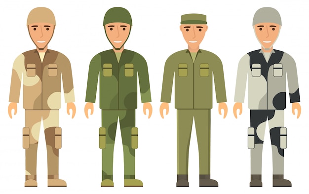 Vector jonge mannen in militair uniform. soldaten kleding een camouflage uniform voor een woestijn of winter. beschermende kleding, helm, pet, jas, broek. legerlaarzen.