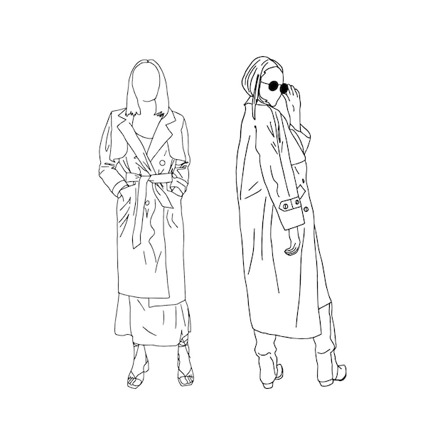 Jonge meisjes poseren in trendy trenchcoats, getekend in een lineaire stijl. Vector illustratie.