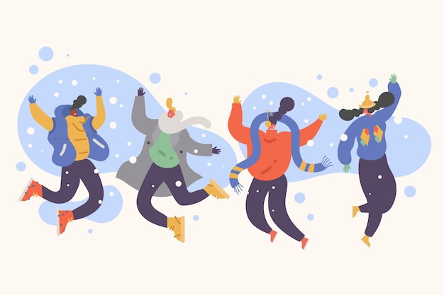 Jonge mensen dragen winterkleren springen