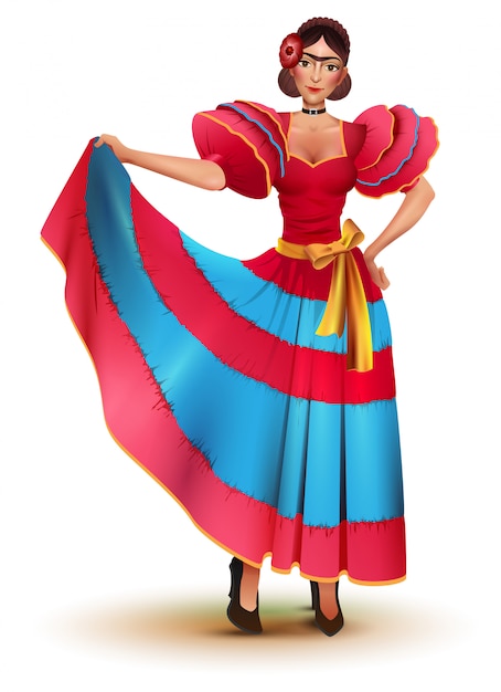 Jonge mexicaanse vrouw in rode jurk solo dansen