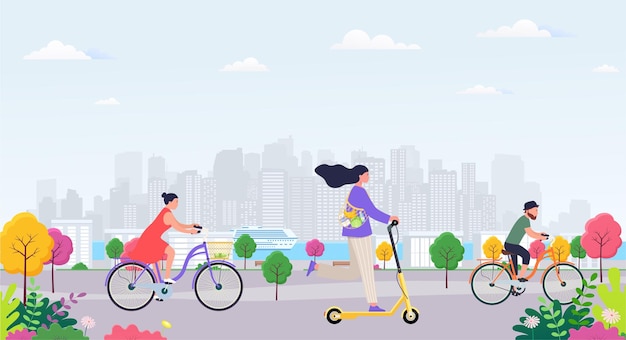 Jonge moderne vrouw rijdt op een elektrische scooter met boodschappentas Man en vrouw rijden op de fiets in de natuur Ecologisch vervoersconcept op de achtergrond van de stad