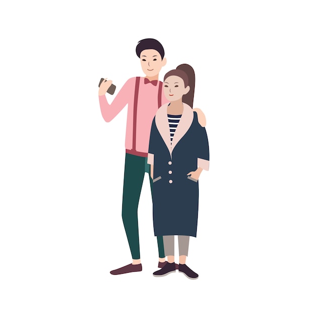 Jonge modieuze paar man en vrouw gekleed in stijlvolle kleding omarmen en selfie maken op smartphone. Concept van hipster levensstijl. illustratie.