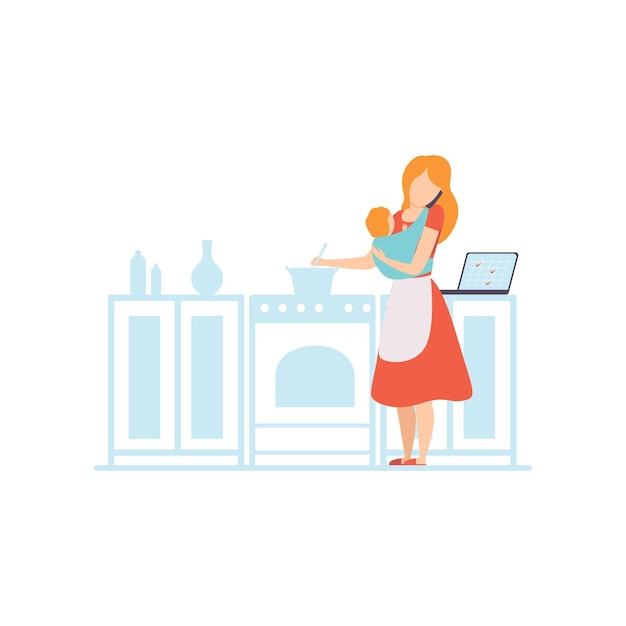 Jonge moeder met baby in draagdoek koken in de keuken en tijdens het werken met laptop Freelancer ouder die werkt met kind mama zakenvrouw vectorillustratie geïsoleerd op witte achtergrond