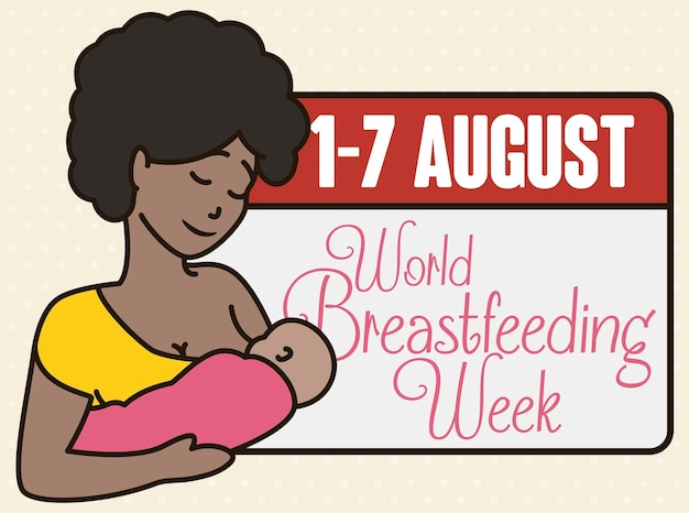 Jonge moeder met een donkere huidskleur voedt haar baby met kalender tijdens de Wereld Borstvoedingsweek in augustus