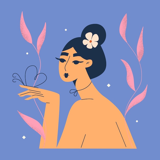 Jonge mooie afro-amerikaanse aziatische vrouw met een bloem in haar haar women's mentale gezondheid schoonheid van de natuur selfcare liefde welzijn vrouwendag vectorillustratie