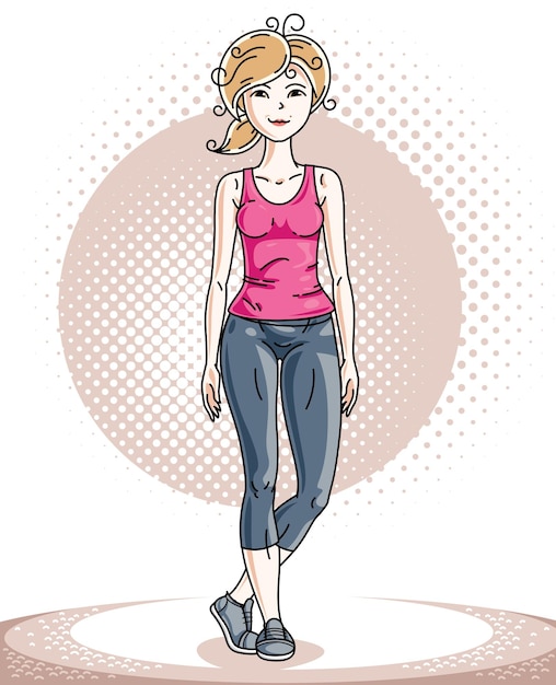 Jonge mooie blonde slanke vrouw volwassen status. Vectorillustratie van aardige dame, gekleed in leggings en roze T-shirt. Trainen en trainen thema.