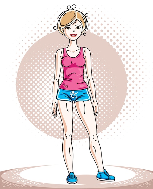 Jonge mooie blonde slanke vrouw volwassen status. Vectorillustratie van aardige dame korte broek en roze T-shirt dragen. Trainen en trainen thema.