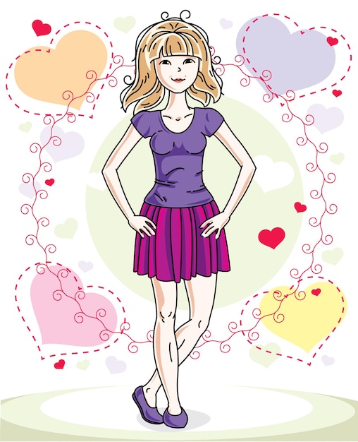 Jonge mooie blonde vrouw volwassen staande op kleurrijke achtergrond met Valentijn harten in moderne casual kleding. Vectorillustratie aardige dame.