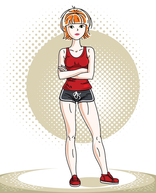 Jonge mooie roodharige atletische vrouw poseren. Vectorillustratie van aantrekkelijke vrouw korte broek dragen. Actieve en gezonde levensstijl thema cartoon.