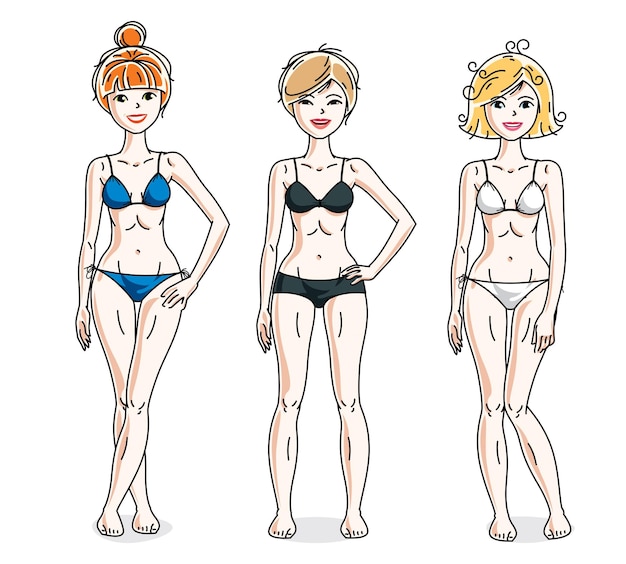 Jonge mooie vrouwen poseren in kleurrijke bikini. Vectorreeks mooie mensenillustraties. Slanke vrouw met perfect lichaam.