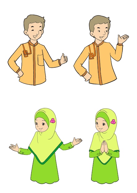 Vector jonge moslimjongen en meisje met gelaatsuitdrukkingen