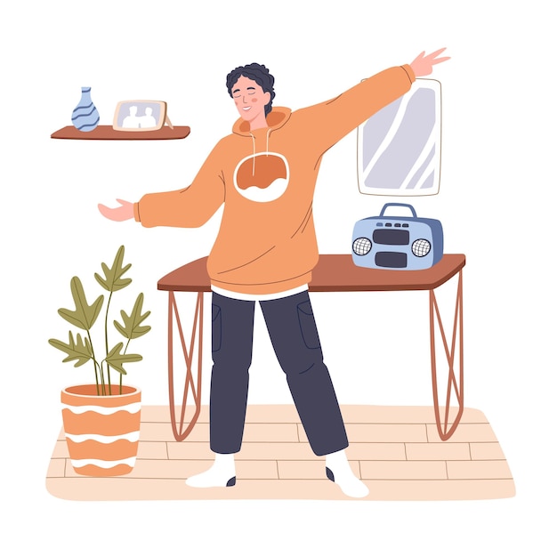 Jonge ontspannen persoon luisteren naar muziek met retro bandrecorder thuis Gelukkig man rusten en chillen alleen liedjes zingen en dansen platte vectorillustratie geïsoleerd op witte achtergrond