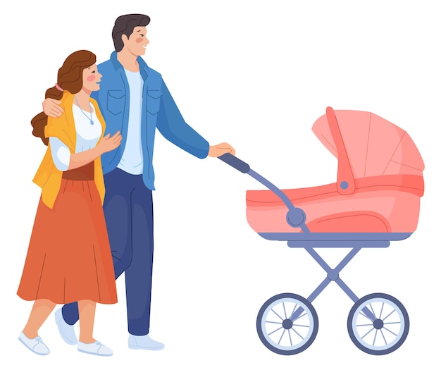 Jonge ouders duwen babycarriage Gelukkig paar