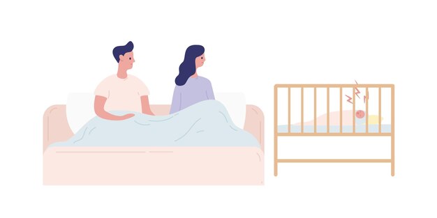 Jonge ouders hebben slapeloze nachten met een pasgeboren baby platte vectorillustratie. moeder en vader in bed tijdens slapeloosheid met huilende baby geïsoleerd op wit. ouderschap en zorgconcept.