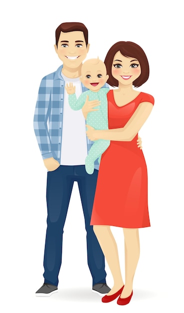 Jonge ouders met pasgeboren baby vectorillustratie geïsoleerd. Gelukkig familieportret. Moeder en vader met zoon