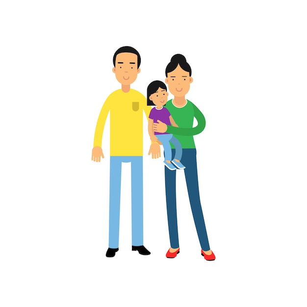 Jonge ouders staan met hun dochtertje, gelukkige familie concept vector illustratie geïsoleerd op een witte background