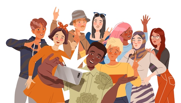 Jonge personages die samen een selfie maken, glimlachen voor de camera en gesturen tonen.