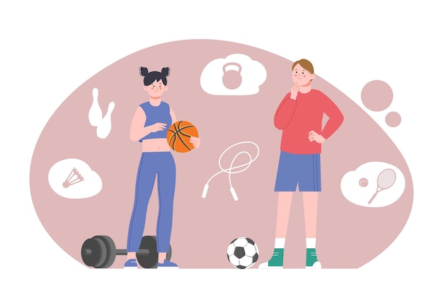 Jonge personages kiezen voor sportopleiding Voetbal of basketbal tennis of bowling Atletiek mensen met bal en sportapparatuur vector scene