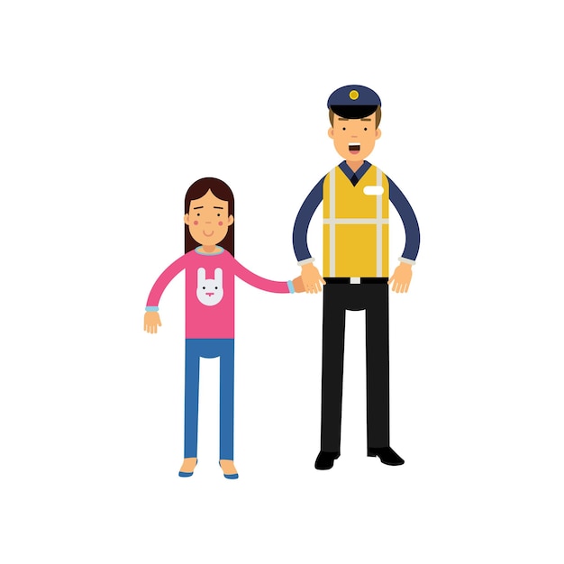 Jonge politieagent en klein kind hand in hand. stripfiguren van wegpolitieagent in pet en reflecterend vest werkkleding en schoolmeisje in roze trui. publieke dienst. vector plat ontwerp.