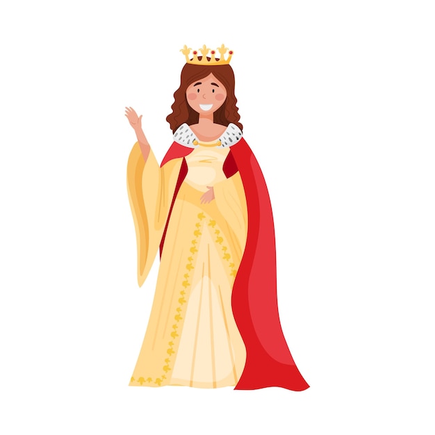 Jonge prinses met gouden kroon staande en zwaaiende hand Vector illustratie