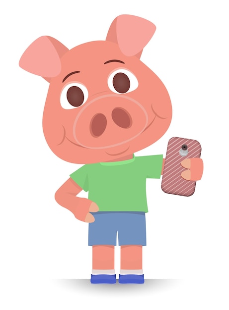 Jonge roze varken in korte broek en shirt staat geïsoleerd op een witte achtergrond en houdt het telefoonsymbool van het jaar vlakke stijl cartoon
