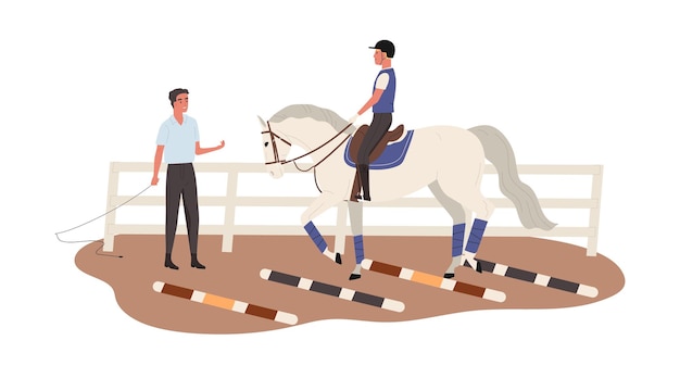 Vector jonge ruiter opleiding op hippische school. jockey rijpaard. trainer geeft paardrijlessen. scène van het onderwijzen van paard. platte vector cartoon illustratie geïsoleerd op wit.