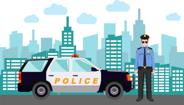 Jonge schattige glimlachende politieagent in uniform met politieauto en modern stadsbeeld