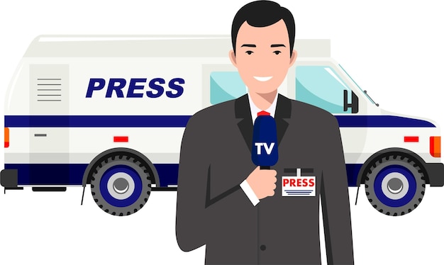 Jonge schattige lachende staande man persverslaggever in pak met microfoon in de buurt van Car Crew News Icon