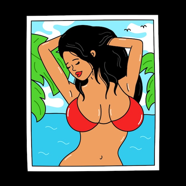 Jonge sensuele sexy dame in bikini op zomerstrand. Vector cartoon karakter illustratie ontwerp. Schoonheid sexy vrouw, meisje foto kunst concept