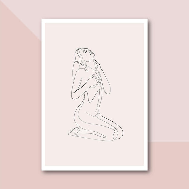 Jonge sexy vrouw zittend op haar knieën abstracte lijntekening kunst aan de muur print gratis vector cover