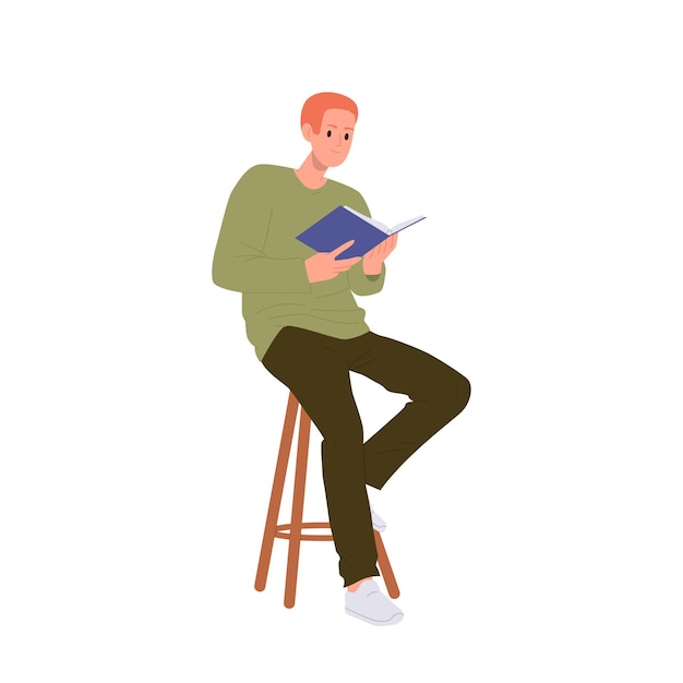 Vector jonge tiener jongen student stripfiguur leesboek zittend op een stoel geïsoleerd op witte achtergrond mannelijke freelancer studeren leren literatuur aanvullen woordenschat vectorillustratie