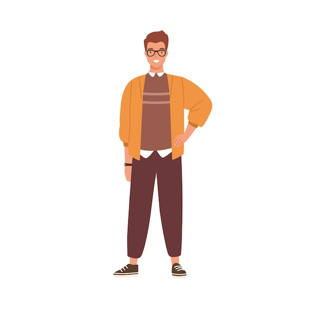 Jonge trendy geklede man in glazen geïsoleerd op een witte achtergrond. Mannelijk karakter in moderne kantooroutfit. Gelukkig IT-specialist portret. Vectorillustratie in platte cartoonstijl.