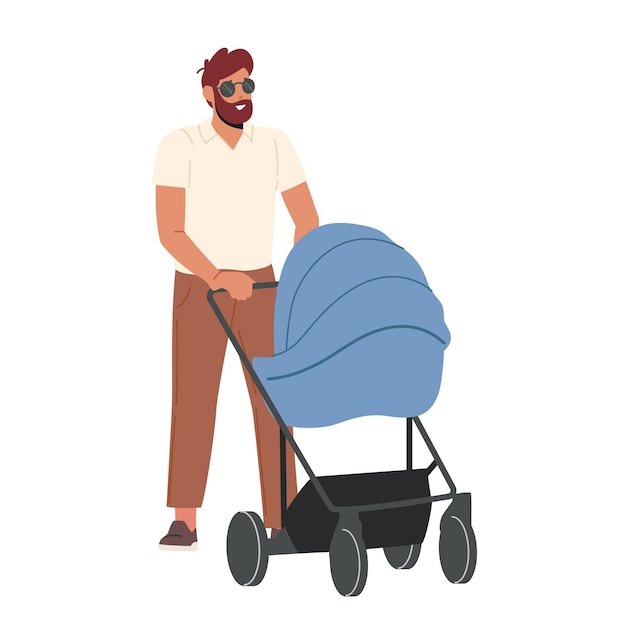 Jonge vader en kleine baby in kinderwagen lopen samen vader op zwangerschapsverlof alleenstaande vader concept man lopen met kind in koets geïsoleerd op een witte achtergrond Cartoon mensen vectorillustratie