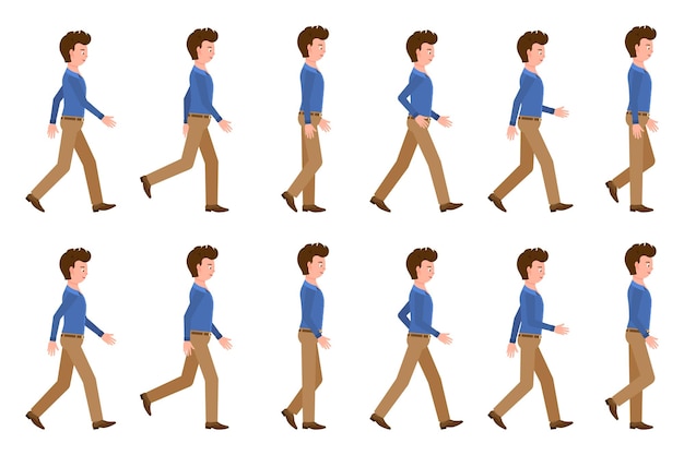 Jonge volwassen man in een lichtbruine broek die opeenvolging loopt, vormt een vectorillustratie Vooruit gaan cartoon tekenset